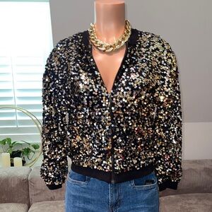 Zara Black and Gold Sequin Bomber Jacket